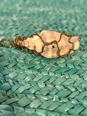 Boho Gold Wire Wrap Natural Spiral Seashell Pendant Artisan Handcrafted 2.5"